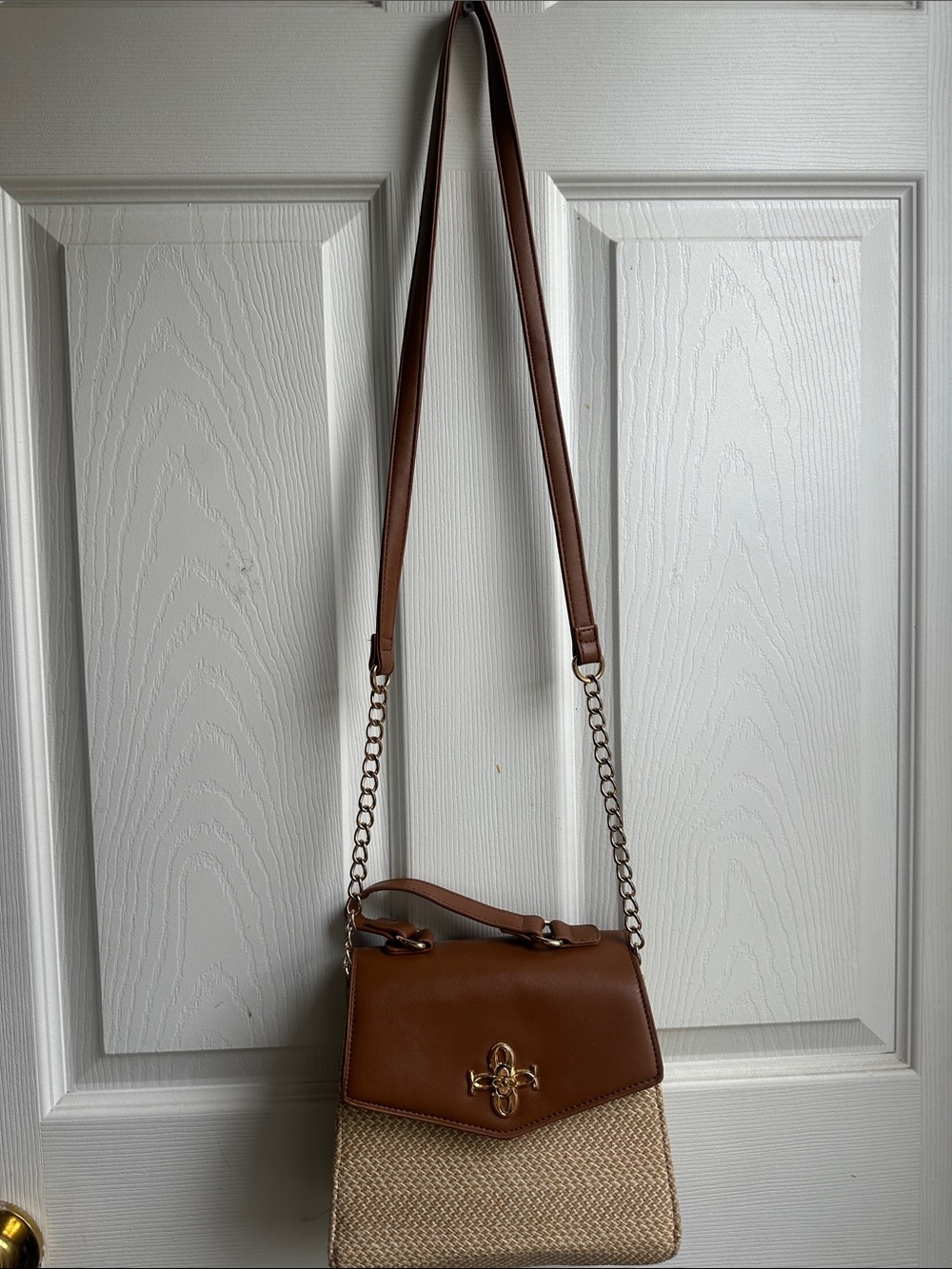 Tan and Beige Crossbody Bag with Gold Hardware